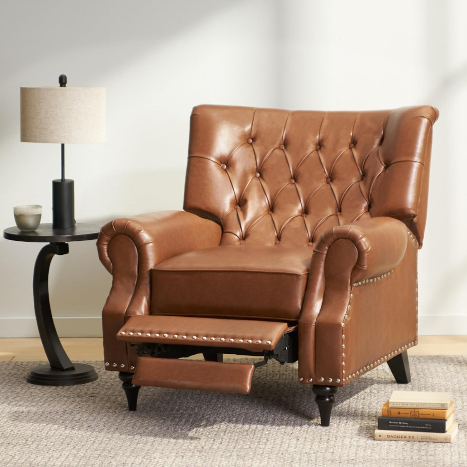 Classic Style Manual Push Back Chair with Exquisite Rivet Decor and Rolled Armrests, Ideal for Living Room Relaxation and Daily Seating (Light Brown + PU)