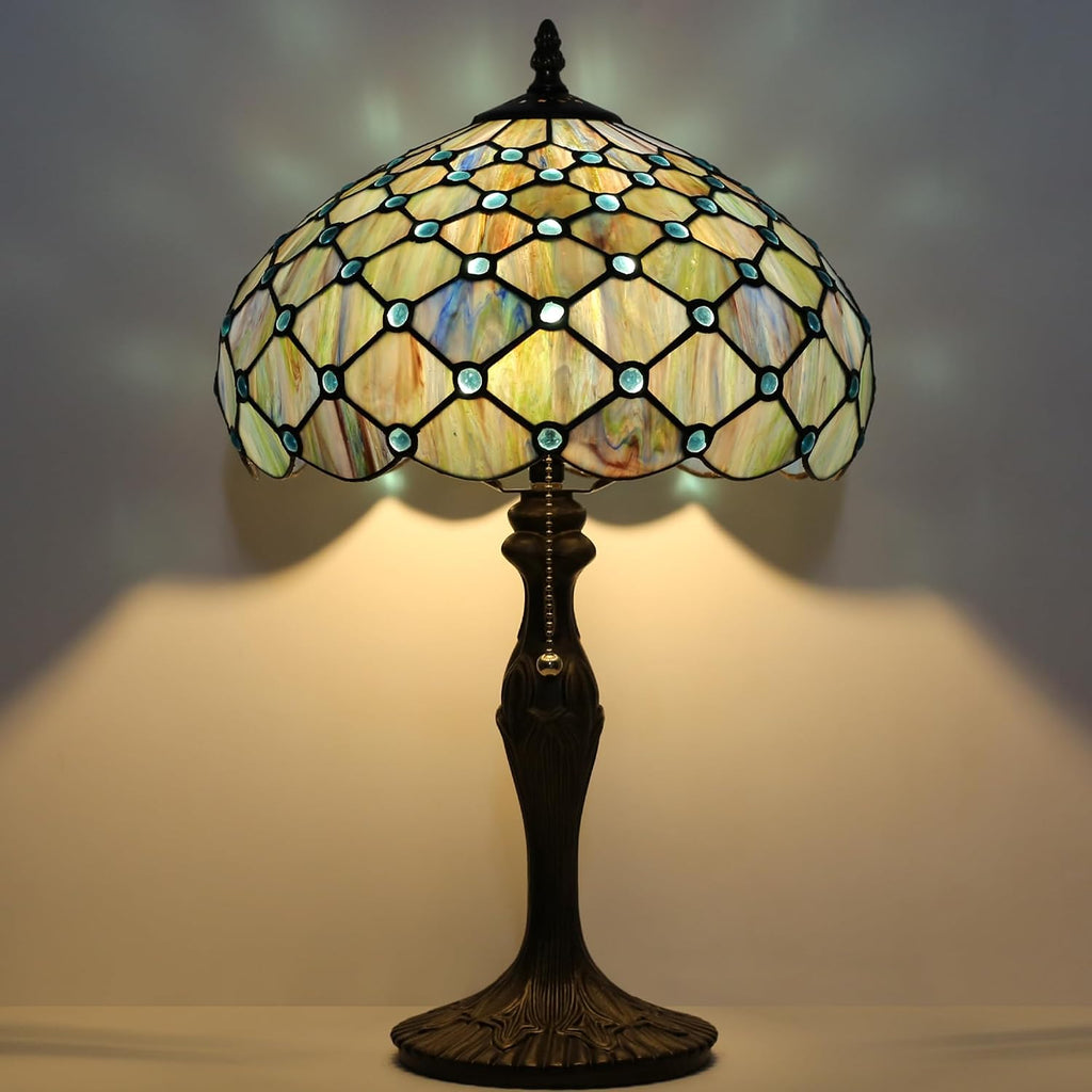 Tiffany Lamp Stained Glass Table Lamp 12' x 19' Blue Beads Style Decorative Lamp Bedside Reading Lamp for Desk Living Room Bedroom Office Study Light Home Decor Gift