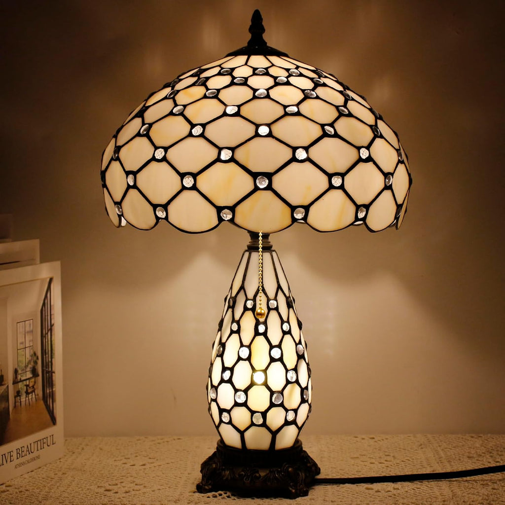 Tiffany Lamp Stained Glass Table Lamp 12X19 Inches Mother Daughter Vase Desk Accent Night Light for Bedroom Bedside Reading Home Antique Style (White Yellow)
