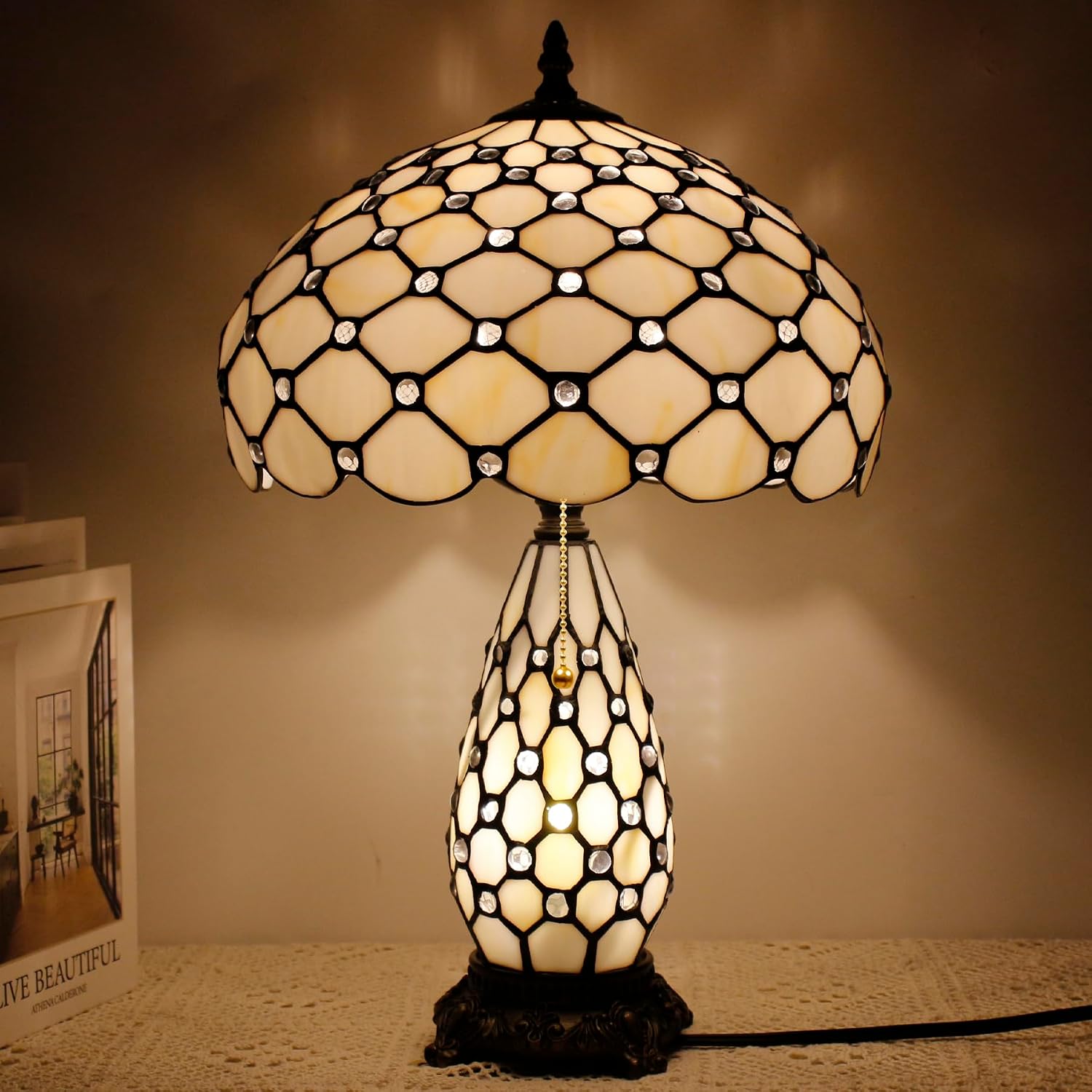 Tiffany Lamp Stained Glass Table Lamp 12X19 Inches Mother Daughter Vase Desk Accent Night Light for Bedroom Bedside Reading Home Antique Style (White Yellow)