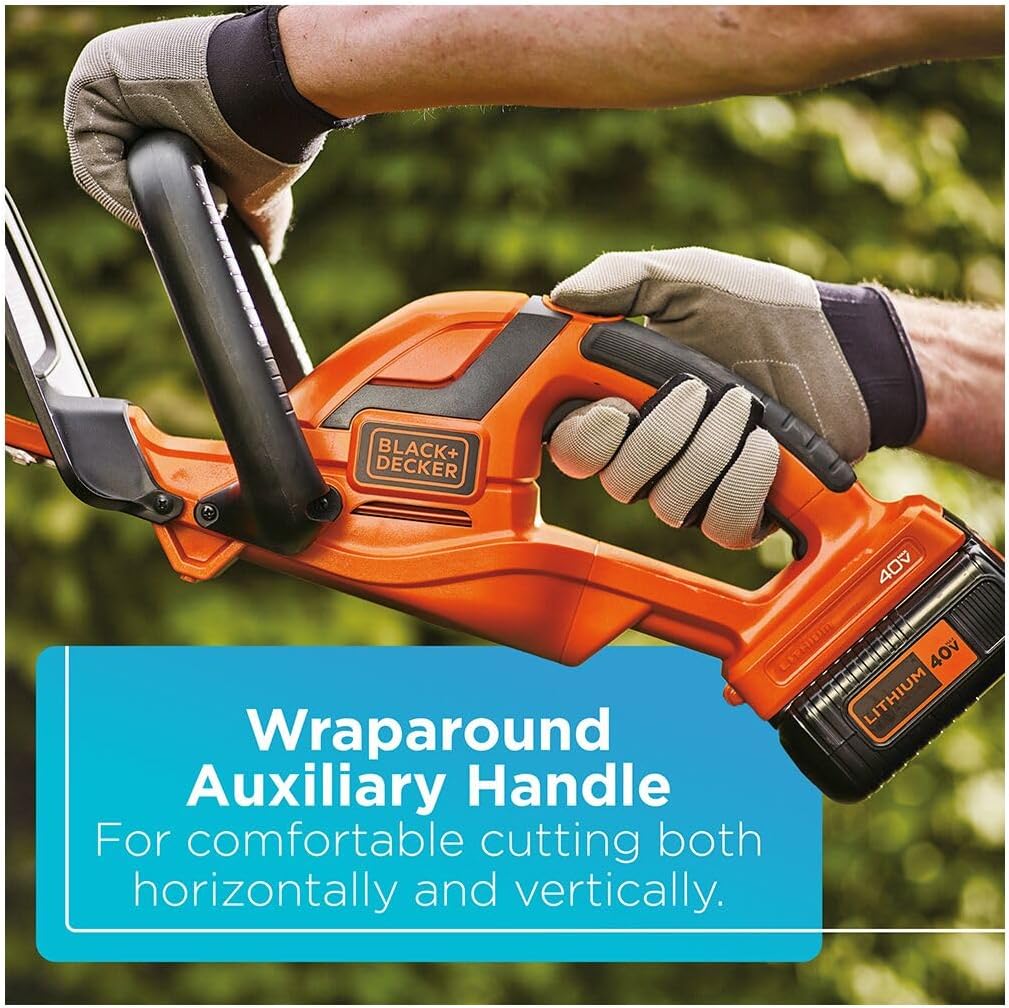 BLACK+DECKER 40V MAX Hedge Trimmer, 22' Blade Length, Powerful Motor with Reduced Vibrations, Sharp Blades for 3/4' Thick Cuts, Battery and Charger Included (LHT2240C)
