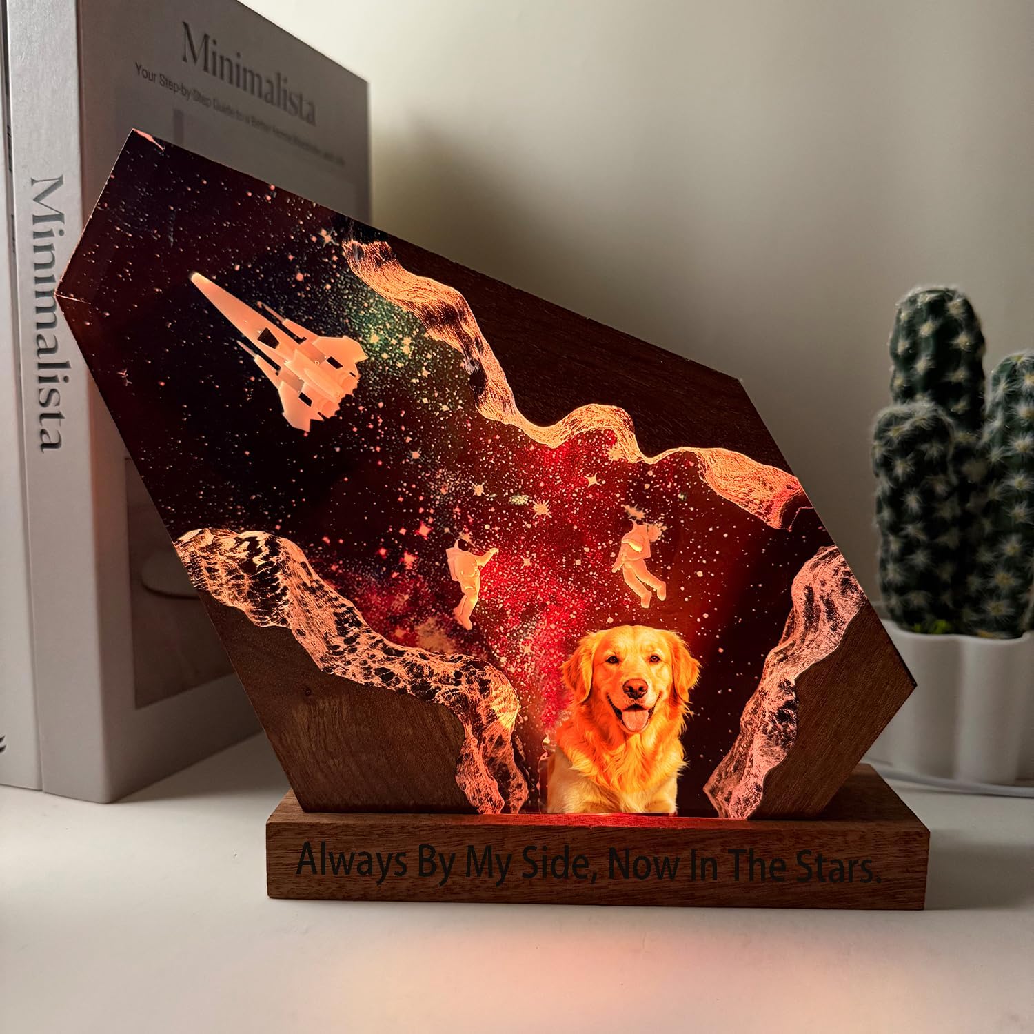 Custom dog & cat memorial gifts for loss of dog & cat, Personalized Space Resin Lamp with Photo and Text, Variable Lights, Handmade Unique pet memorial gifts for the furry astronaut you missed (8'x5')