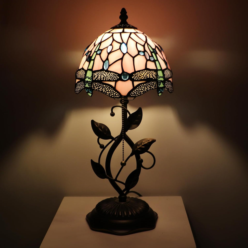 Small Tiffany Lamp Pink Dragonfly Style Stained Glass Table Lamps Desk Bedside Reading Light 8X8X18 Inches with Bronze Metal Leaf Resin Base
