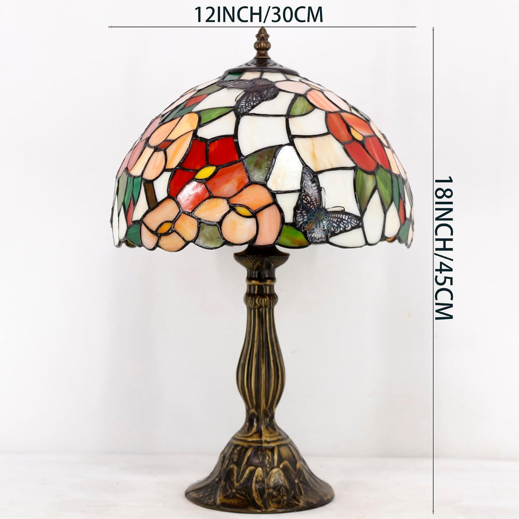 WERFACTORY Tiffany Table Lamp Bedside Pink Stained Glass Lamp Butterfly Style Reading Desk Light 12X12X18 Inches Decor Bedroom Living Room Home Office S275 Series