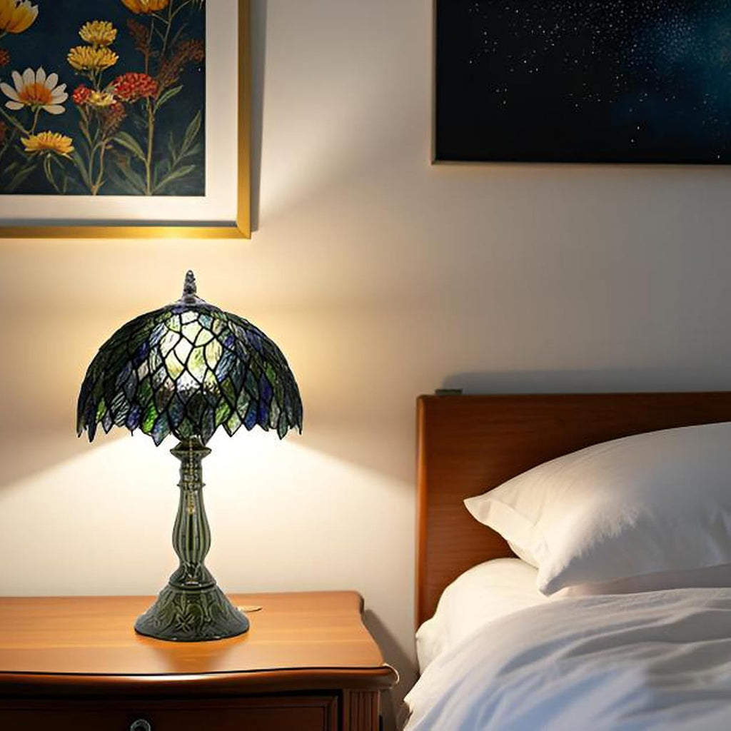 Tiffany Lamp Stained Glass Table Lamps Multicolor Leafage Style Desk Lamp 12X12X18.5 Inch Bronze Ceramic Base Reading Light Suitable for Bedside Bedroom Living Room Dining Room Office