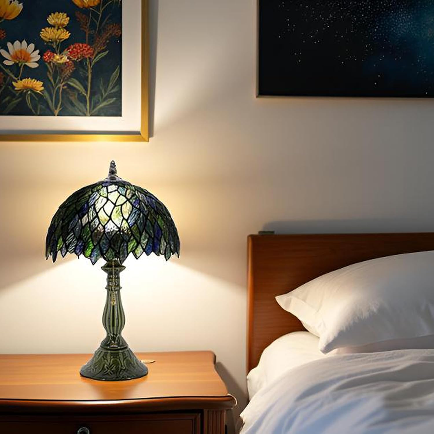 Tiffany Lamp Stained Glass Table Lamps Multicolor Leafage Style Desk Lamp 12X12X18.5 Inch Bronze Ceramic Base Reading Light Suitable for Bedside Bedroom Living Room Dining Room Office