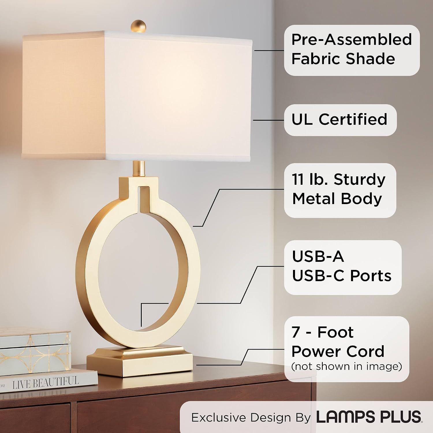 360 Lighting Modern Table Lamps 28 1/2' Tall Set of 2 with USB Charging Port Brushed Gold Open Ring White Rectangular Shade for Bedroom Living Room House Bedside Nightstand Office Family