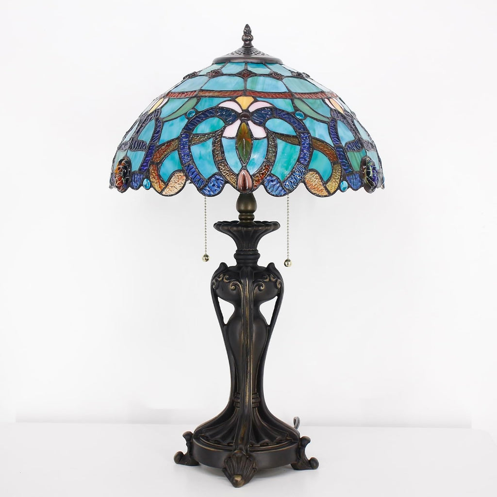 Tiffany Lamp(2 Lights) Stained Glass Table Lamp Bedside Desk Reading Light 16X16X24 Inch Decor Bedroom Living Room Home Office (Green Brown Jewelry)