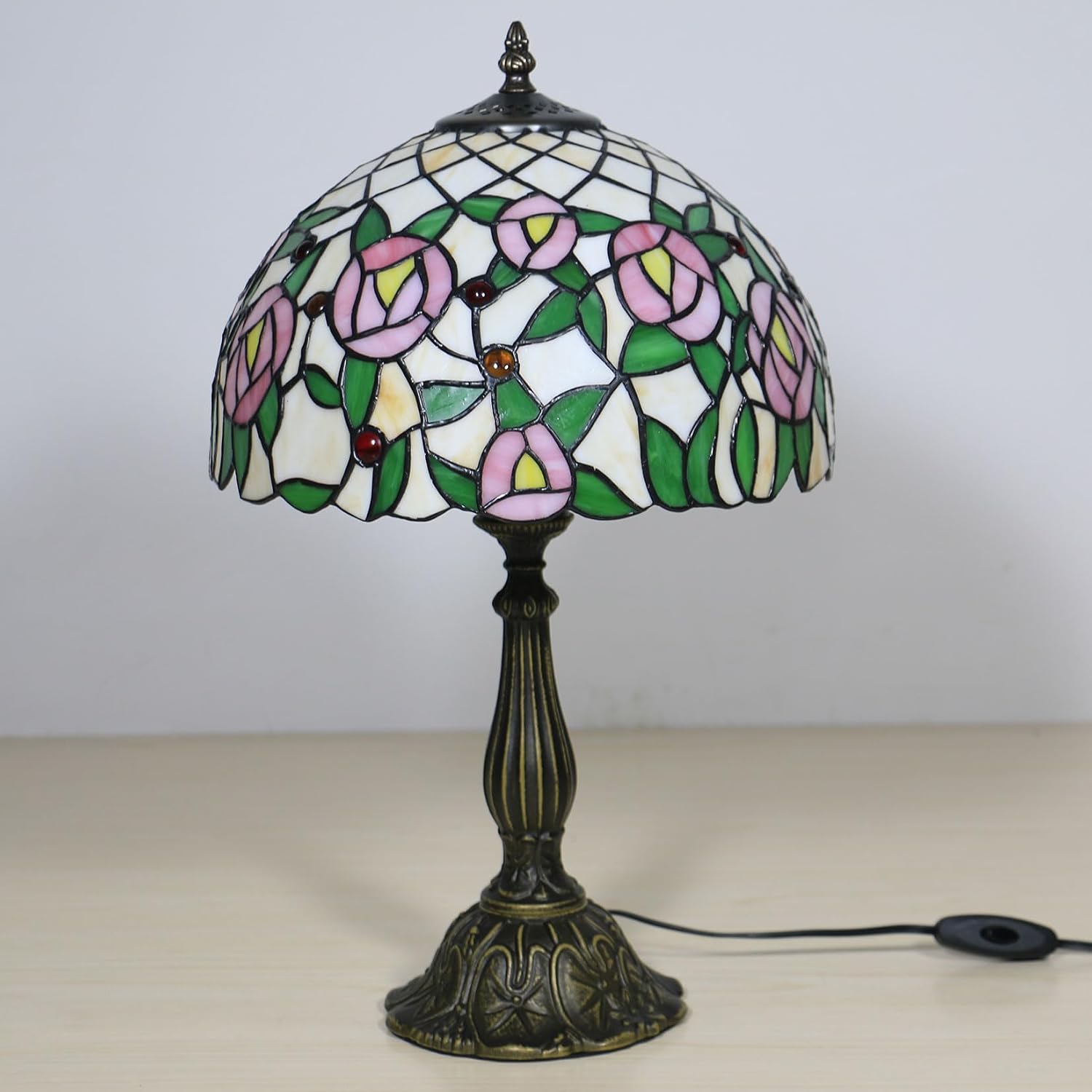 Tiffany Style 12 Inch Pastoral Stained Glass Table Lamp Green Leaves Tulip Rose Lamp Shade for Bedroom Bedside Living Room Restaurant,Light Pink
