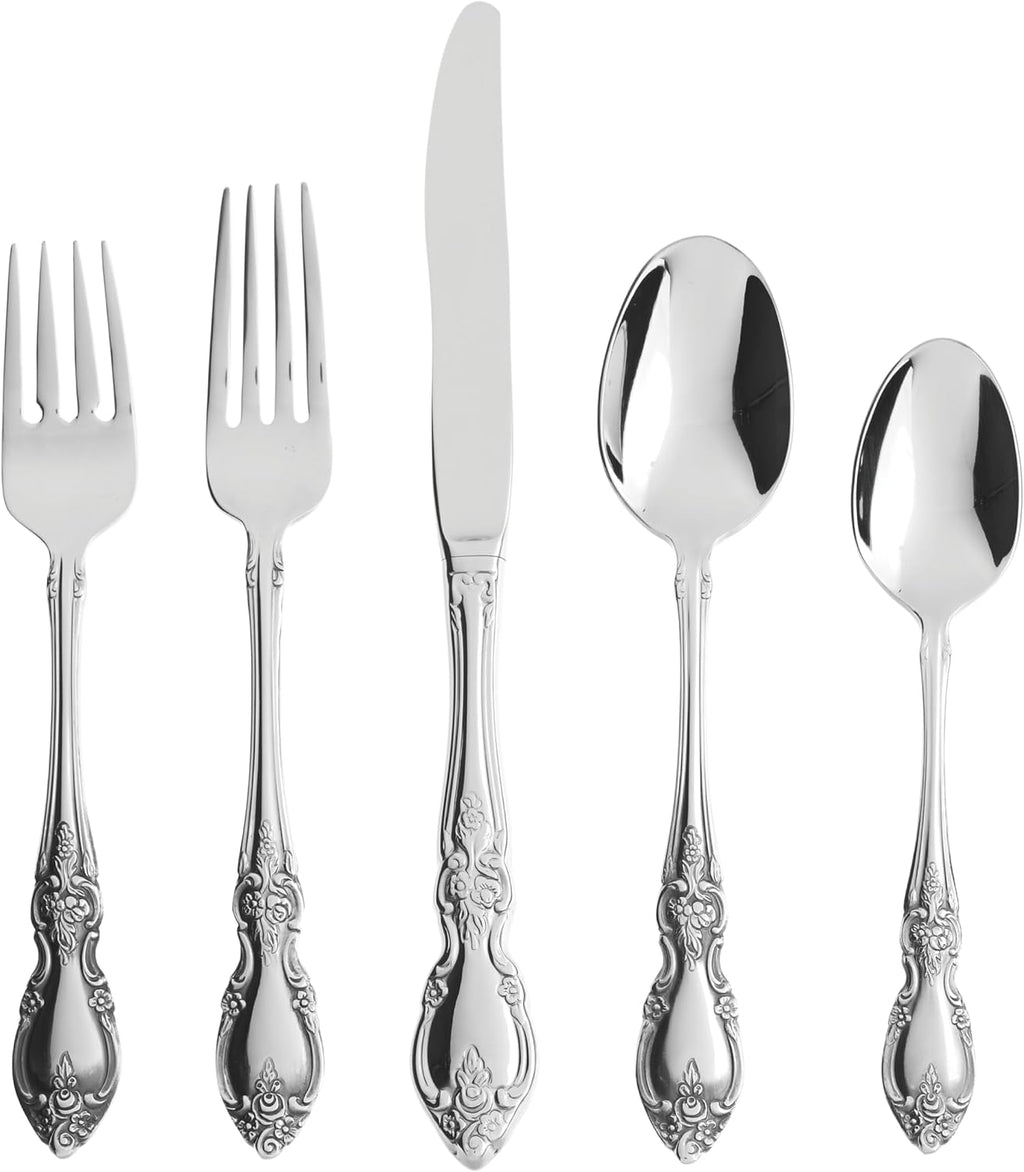Oneida Silverware Set For 8 with Serving Utensils, Louisiana 45-Piece Fine Flatware Set, Service For 8, 18/8 Stainless Steel, Mirror, Knives Spoons Forks Serving Spoons,Dishwasher Safe(Silver 45 Piece