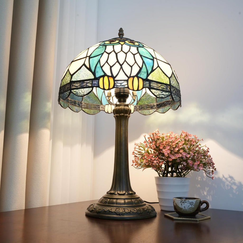 Tiffany Lamp Owl Animal Style Stained Glass Table Lamp Vintage Bedroom Bedside Light for Home Dorm Office Art Craft Antique Decor Accent Aesthetic Nightstand Reading Light 12x12x19 Inches