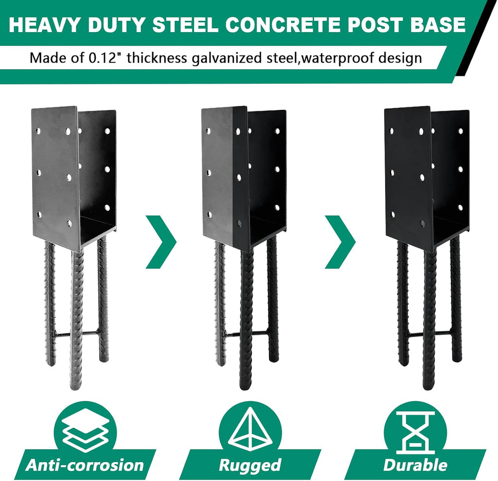 8pcs U-Shape Wet Concrete Post Holder for 4x4 4x6 4x8 Square Wood Post,Black Heavy Duty Post Anchor Steel Solid Rebar with for Wood Fence,Railing,Pergola