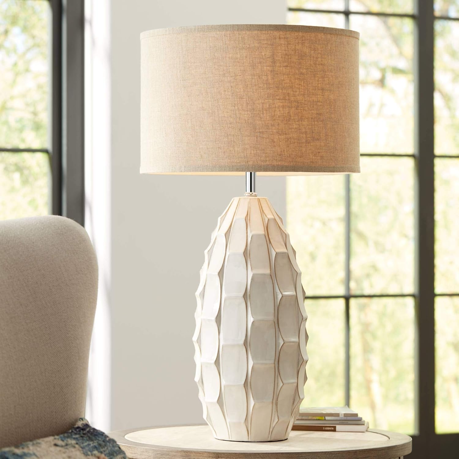 Possini Euro Design Cosgrove 32 3/4' Tall Oval Large Mid Century Modern Coastal End Table Lamps Set of 2 White Ceramic Living Room Bedroom Bedside Nightstand House Beige Shade (Colors May Vary)