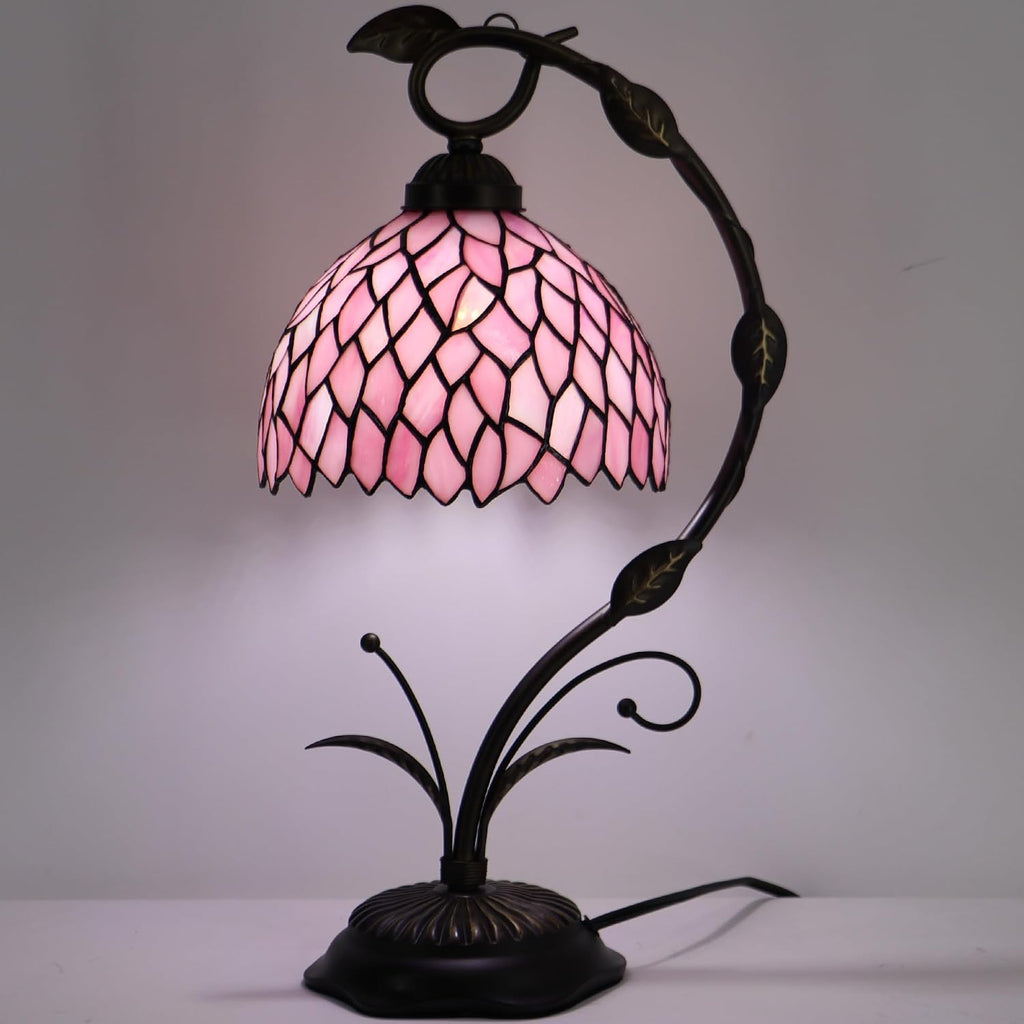 Tiffany Table Lamp, Stained Glass Desk Reading Light, 8X10X19 Inches, Metal Leaf Base (Pink Wisteria)