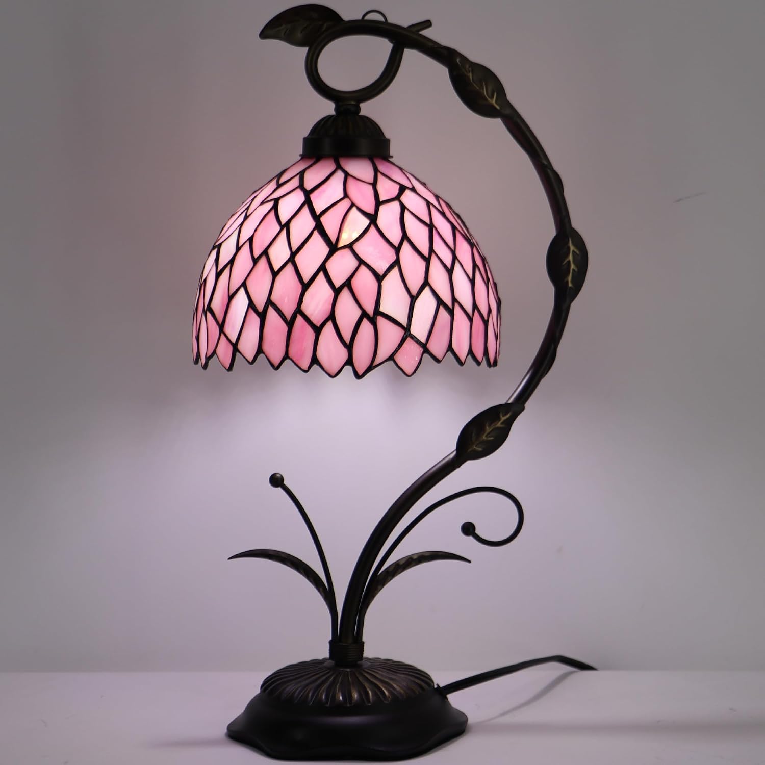 Tiffany Table Lamp, Stained Glass Desk Reading Light, 8X10X19 Inches, Metal Leaf Base (Pink Wisteria)