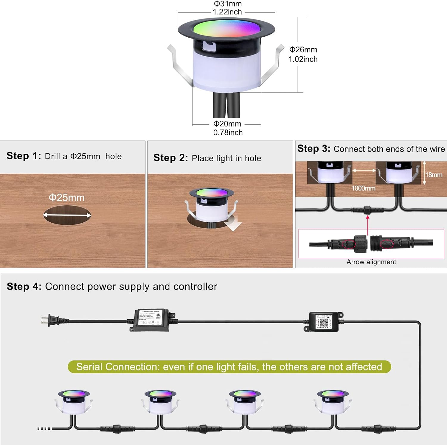 FVTLED LED Deck Lights Kit, Φ1.22 Low Voltage WiFi Pixel RGBW+IC Multi-Color Dynamic Deck Lighting with Remote Control, IP67 Waterproof Outdoor Step Lights DC12V for Garden,Steps,Stair(20 Pack, Black)