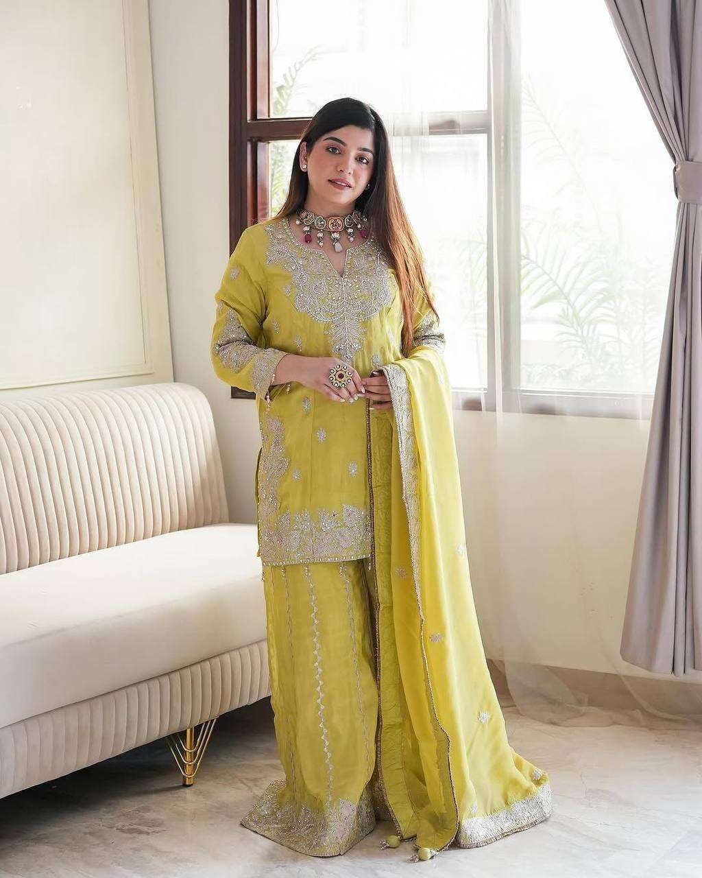 Rianshi craft Women's Chinon Silk Embroidered Kurti With Sharara & Dupatta Set with Rivet Moti Work