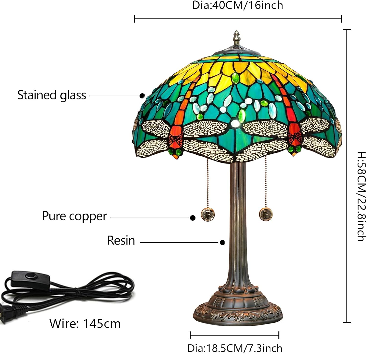 Tiffany Lamp Dragonfly Style Stained Glass Table Lamp 16X16X23 Inch Home Office Bedroom Bedside Light Vintage Unique Esthetic Decor Light (Bulb Include)