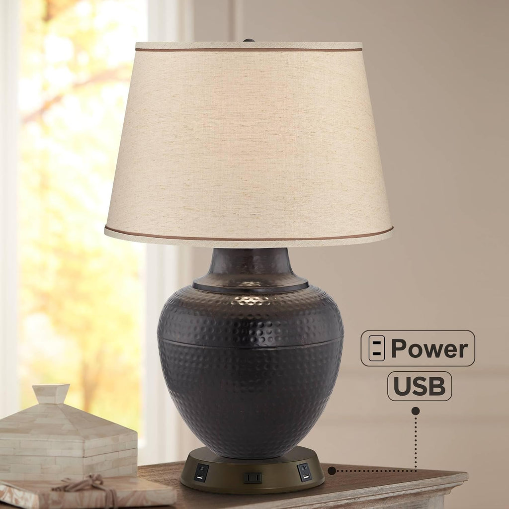 Barnes and Ivy Brighton Rustic Farmhouse Table Lamp 27 1/4' Tall with USB and AC Power Outlet in Base Bronze Hammered Pot Beige Drum Shade for Bedroom Living Room House Home Bedside Nightstand