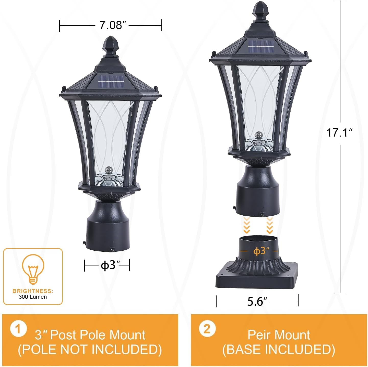 2 Pack Solar Post Lights with Pier Mount Base with Dusk to Dawn Sensor, Outdoor Pillar Lights with Toggle Switch Control, Waterproof Exterior Pole Lamps Head for Driveway, Patio, Garden, Black