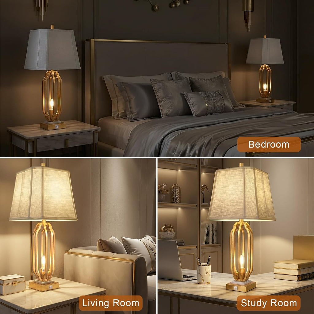 28' Iron Art Table Lamp Set of 2 for Living Room, Modern Gold Leaf Desk Lamps with Nightlight and 2 USB Charging Ports, Farmhouse Bedside Lamp for Bedroom Nightstand, 3 Way Dimmable Bulb Included