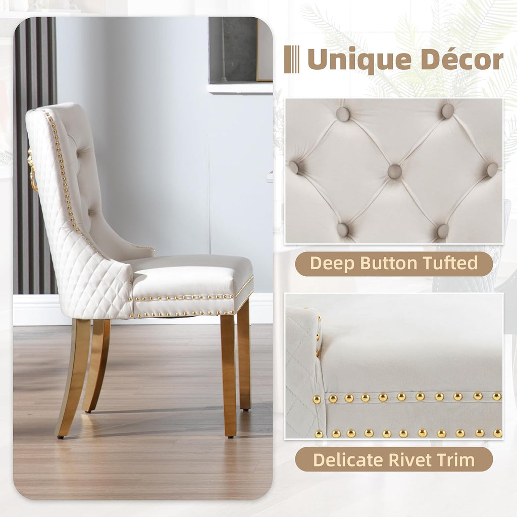 Velvet Dining Chairs Set of 2, Upholstered Dining Room Chairs, Mid-Century Modern Chairs with Diamond Lattice Tufted Back, Lion Pull Ring Rivet Trim, Golden Metal Legs for Kitchen, Beige
