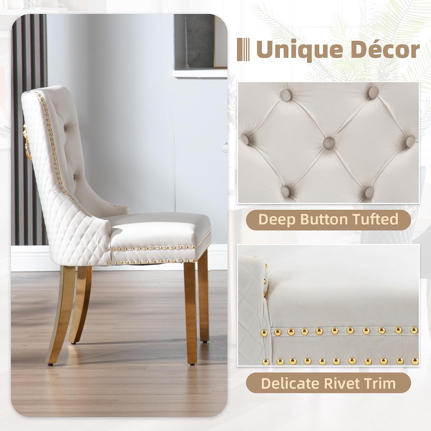 Velvet Dining Chairs Set of 2, Upholstered Dining Room Chairs, Mid-Century Modern Chairs with Diamond Lattice Tufted Back, Lion Pull Ring Rivet Trim, Golden Metal Legs for Kitchen, Beige