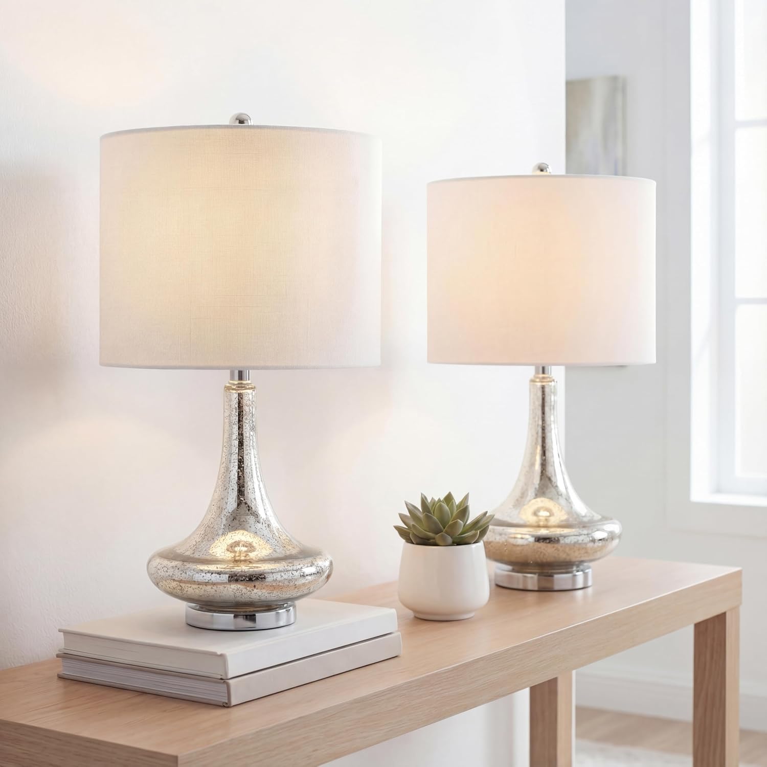 JONATHAN Y 25.5' Mercury Silver Glass Teardrop Table Lamp Set of 2 for Bedroom, Modern Bedside Lamps for Living Room, White Linen Drum Shade, LED Bulbs Included JYL1081A-SET2