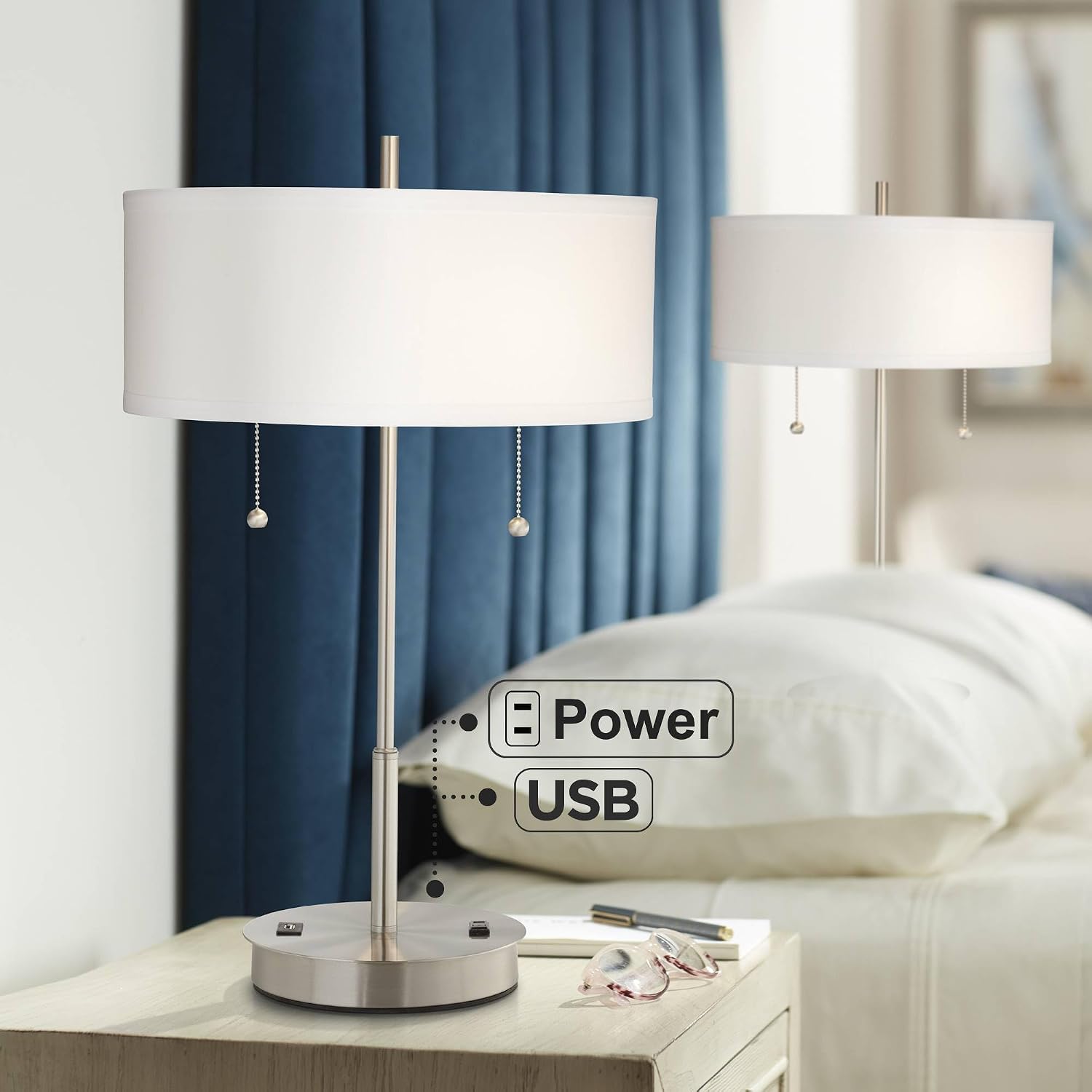 360 Lighting Nikola Modern Accent Table Lamps 23.75' High Set of 2 with Hotel Style USB and AC Power Outlet Slim Silver White Drum Shade for Living Room Desk Bedroom House Bedside Nightstand