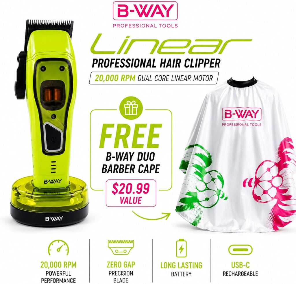 BWAY Linear Professional Hair Clipper for Barbers, 20,000 RPM Dual Core Linear Motor, Cordless Barber Clipper, Zero Gap Fade Clipper, USB-C Rechargeable, Aluminum Body (Lime)