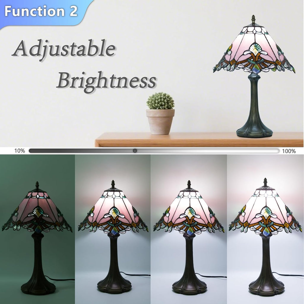 JHuiLap 12 Inch Tiffany Style Table Lamp, Baroque Stained Glass Lamp with Remote Control, Stepless Dimmable & 3 Color Temperatures, Desk Lamps for Bedroom Farmhouse Bedside Nightstand Bedside (Pink)