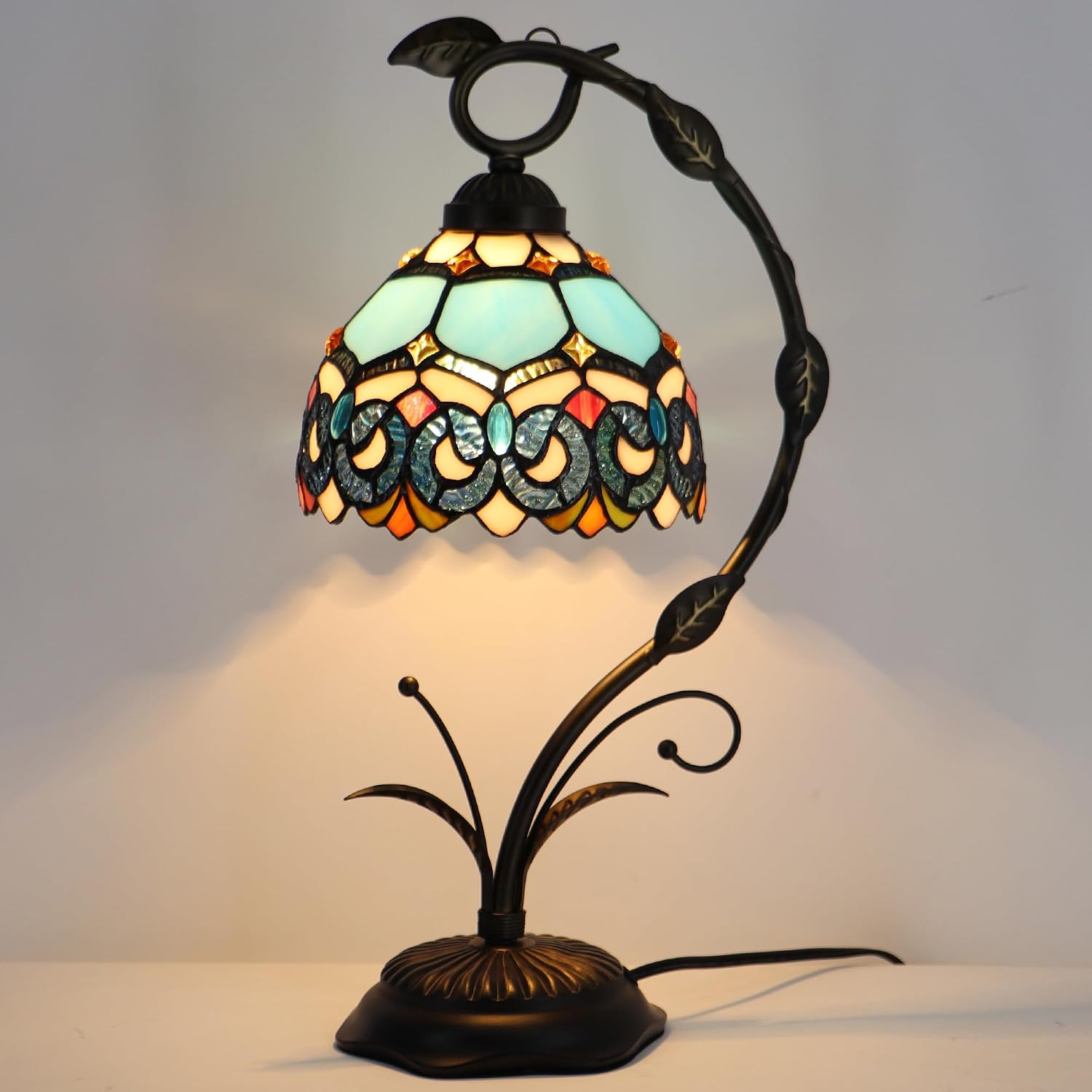 Tiffany Table Lamp, Stained Glass Desk Reading Light, 8X10X19 Inches, Metal Leaf Base (Sapphire Style)