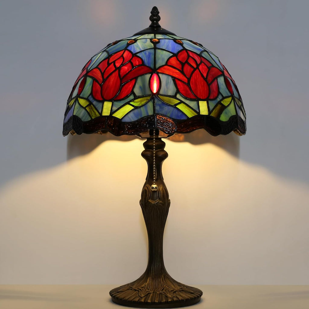 Tiffany Lamp Stained Glass Table Lamp 12' x 19' Red Tulips Style Bedside Reading Lamp Decorative Lamp for Desk Living Room Bedroom Office Study Light Home Decor Gift