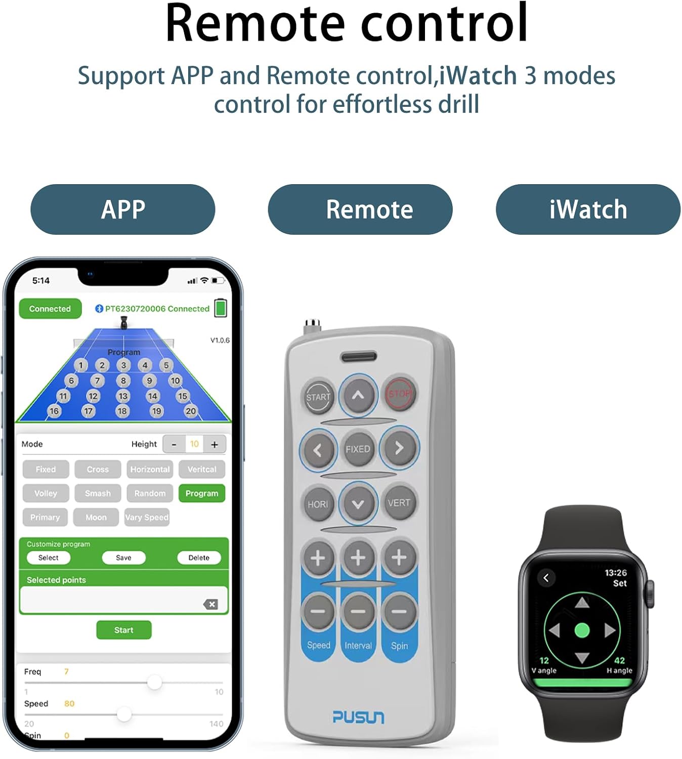 PT-Smart PRO Tennis Ball Machine with Apple Watch/APP/Remote Control, 12 Spin Modes, 110-Ball Capacity, Portable Ball Launcher, 6-Hour Battery for Tennis Training, Beginners & Pros