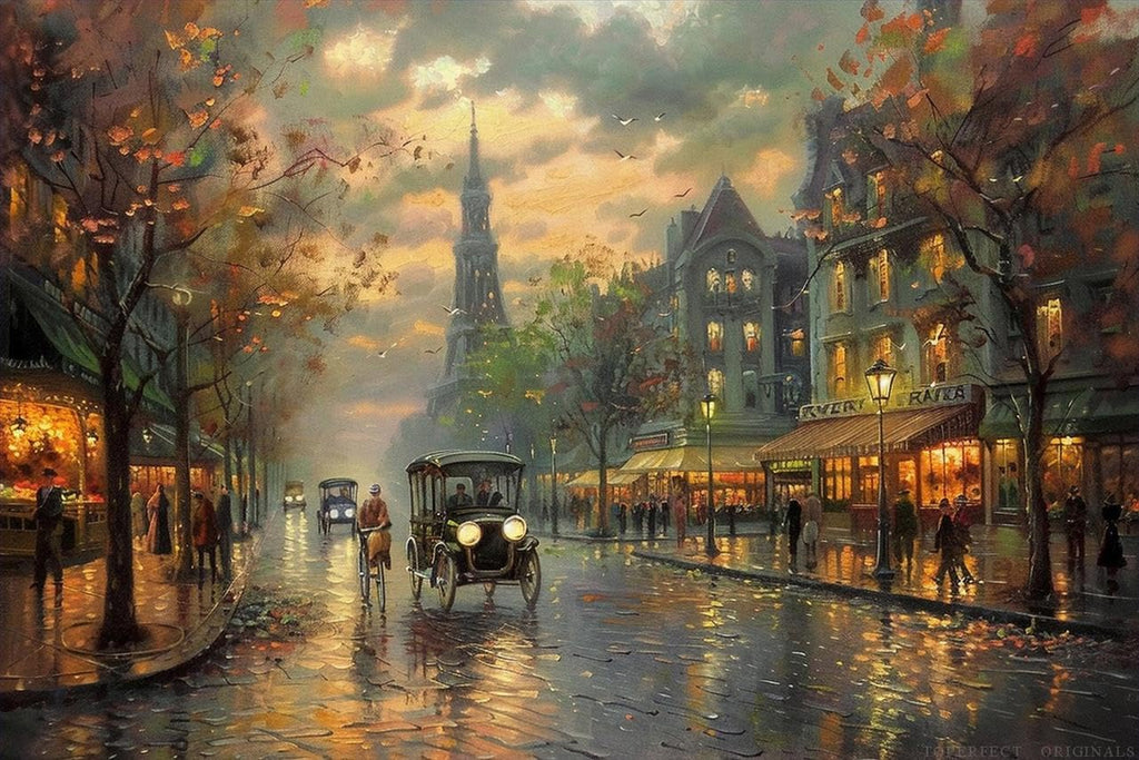 Early 20th Century City Nightscape Oil Painting Originals – Warm Gold Orange Wall decor, Vintage Urban Glow Art Canvas, Sunset, Classic Cars, Fall Foliage, Nostalgic Street Scene with Historic Charm