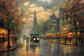 Early 20th Century City Nightscape Oil Painting Originals – Warm Gold Orange Wall decor, Vintage Urban Glow Art Canvas, Sunset, Classic Cars, Fall Foliage, Nostalgic Street Scene with Historic Charm