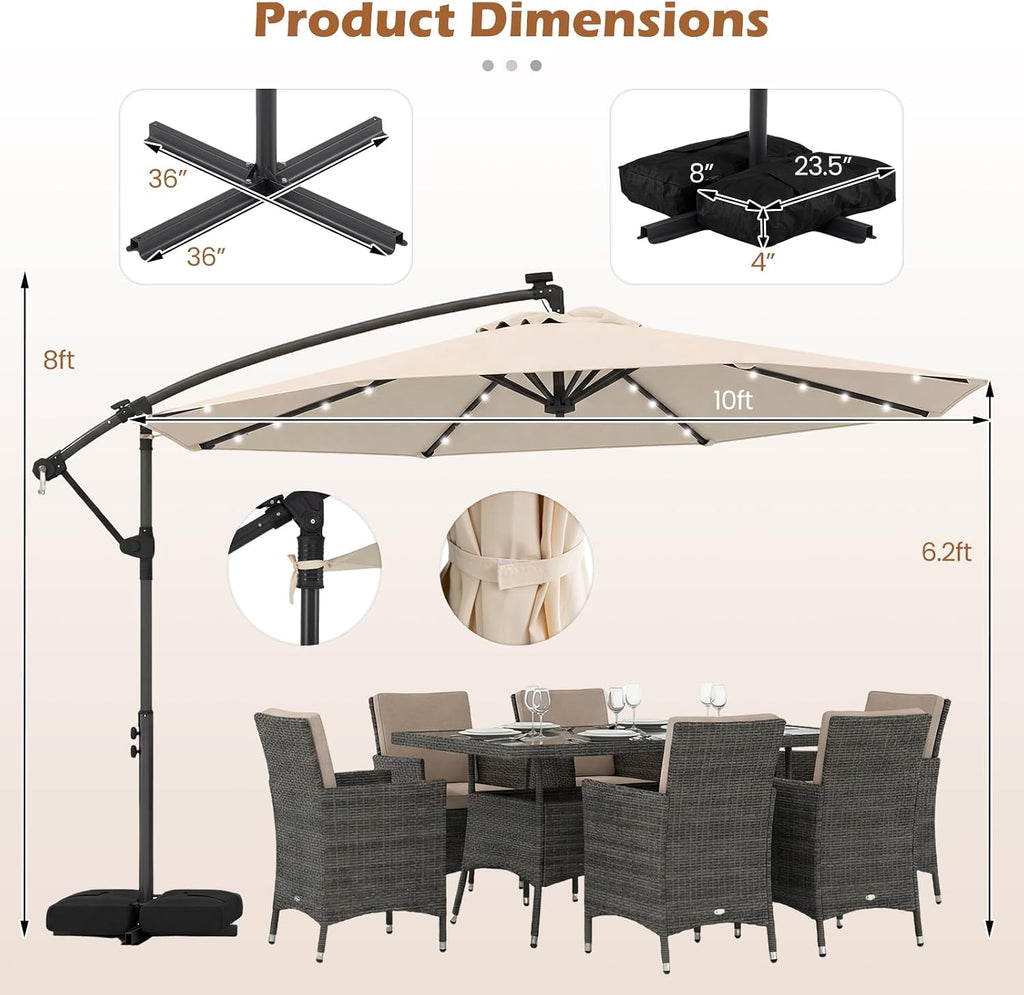 Tangkula 10ft Solar Patio Umbrella with Base Included, Offset Cantilever Outdoor Umbrella with 32 LED Lights, 360 Degree Rotation, Crank Handle for Pool Deck Garden Backyard (Beige)