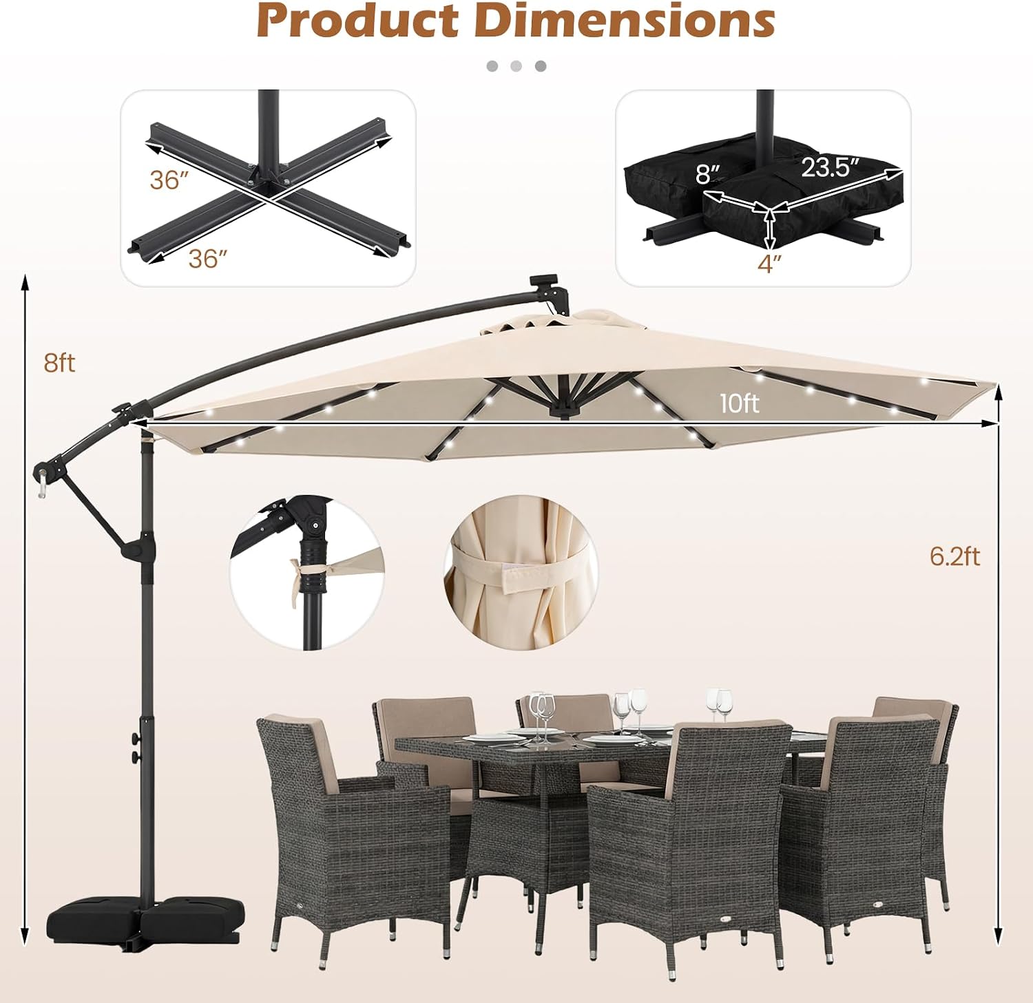 Tangkula 10ft Solar Patio Umbrella with Base Included, Offset Cantilever Outdoor Umbrella with 32 LED Lights, 360 Degree Rotation, Crank Handle for Pool Deck Garden Backyard (Beige)