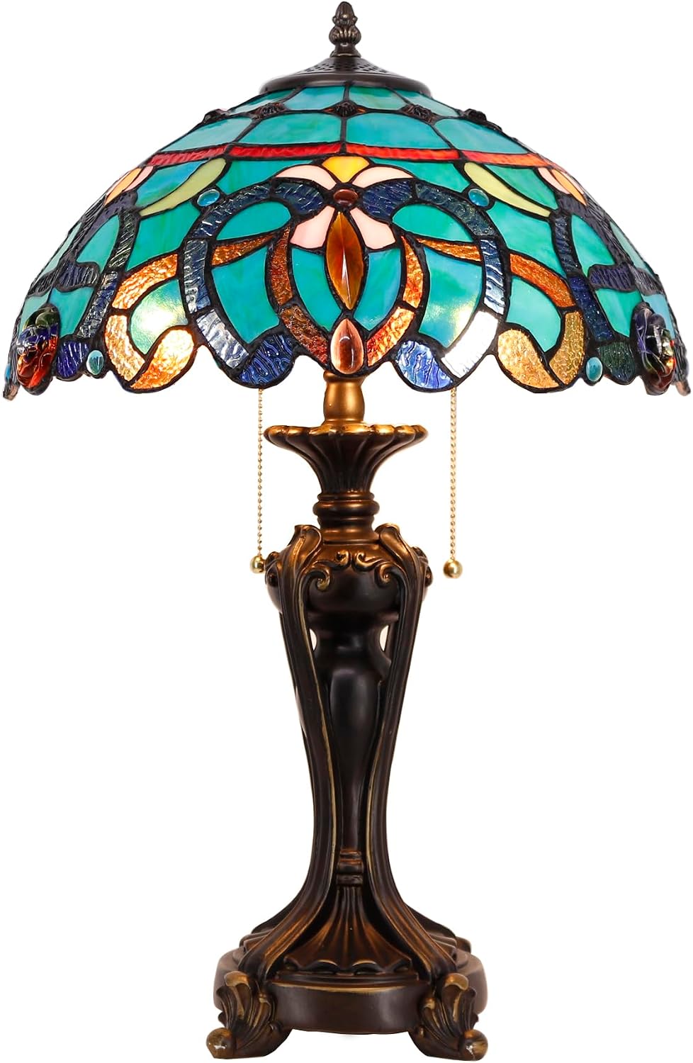 Tiffany Lamp(2 Lights) Stained Glass Table Lamp Bedside Desk Reading Light 16X16X24 Inch Decor Bedroom Living Room Home Office (Green Brown Jewelry)