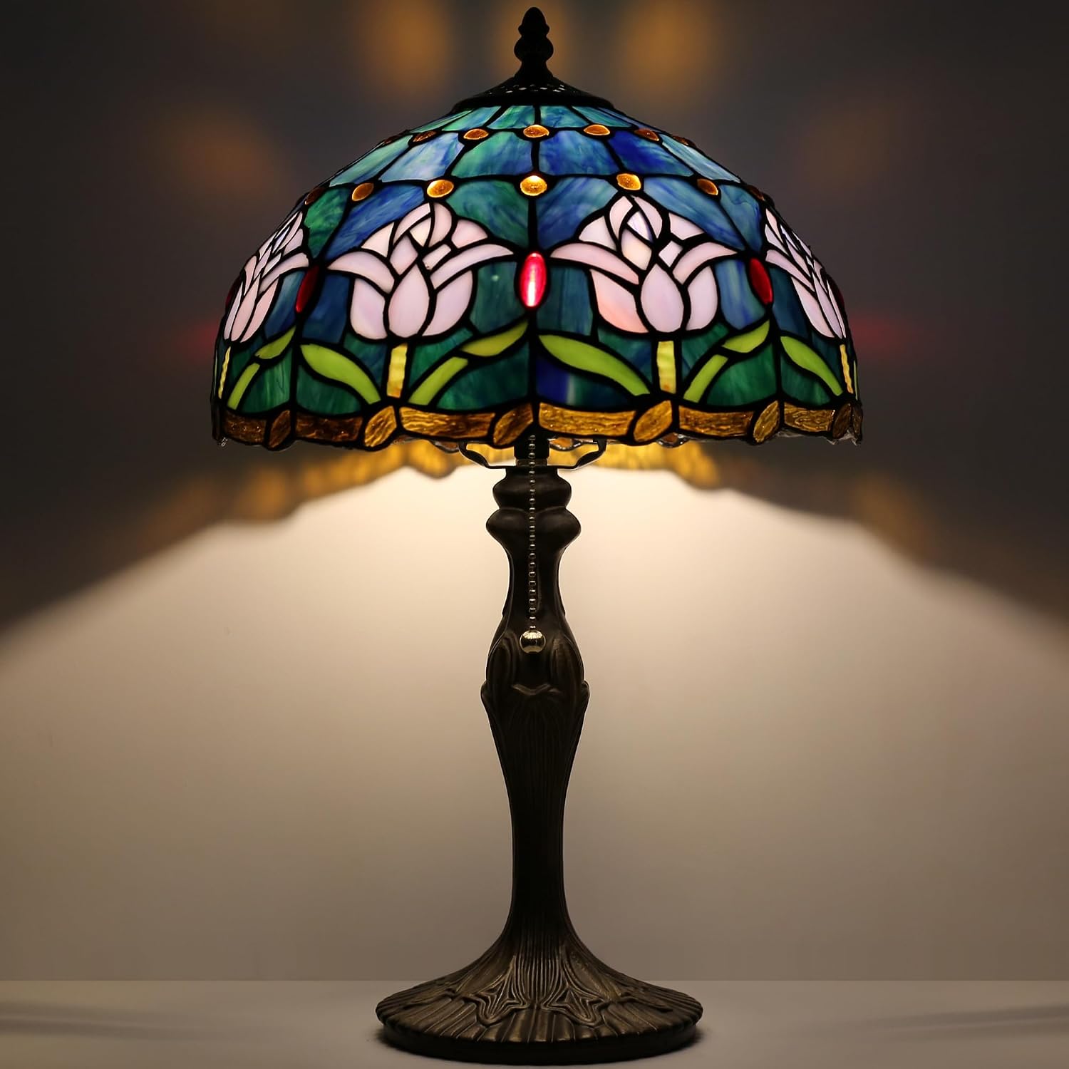 Tiffany Lamp Stained Glass Table Lamp 12' x 19' Pink Tulip Style Decorative Lamp Bedside Reading Lamp for Desk Living Room Bedroom Office Study Light Home Decor Gift