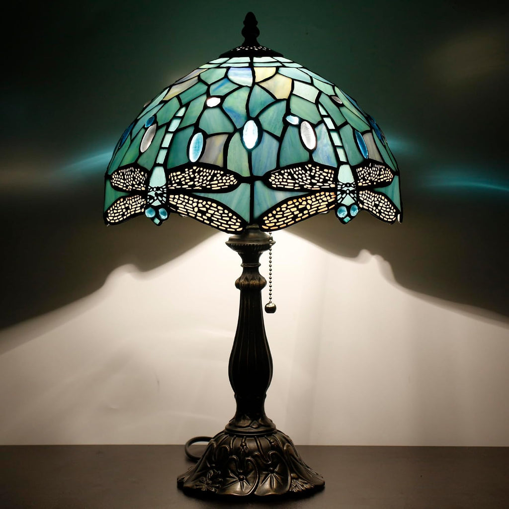 Tiffany Table Lamp Stained Glass Lamp 12X12X19 Inch Antique Reading Light (Sea Blue Dragonfly Style)