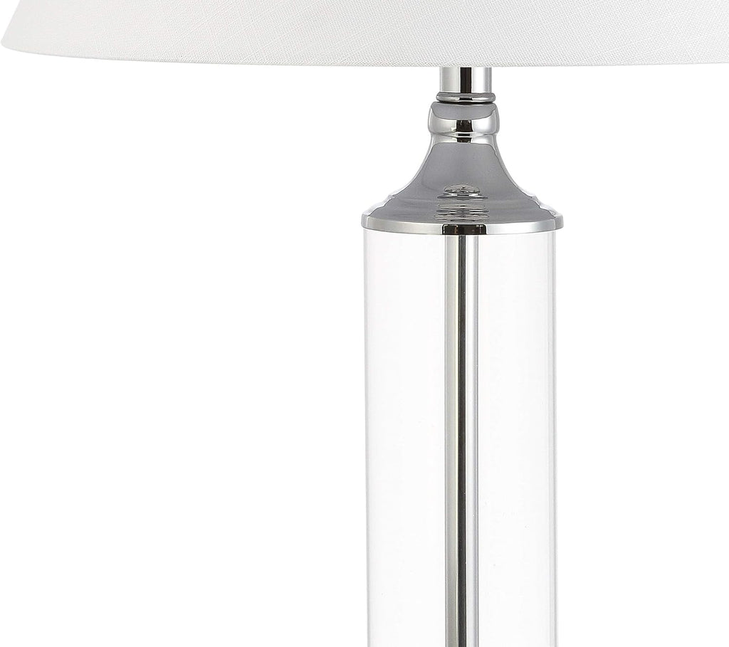 JONATHAN Y 29' Clear/Chrome Glass LED Table Lamp Set of 2, Modern Bedside Nightstand Lamps for Living Room Bedroom Office, White Linen Shade, Transitional Decor JYL4014A-SET2