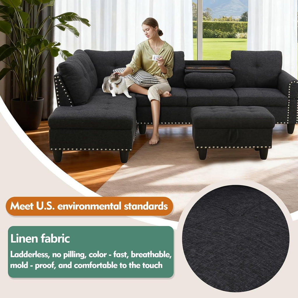 Dark Gray Sectional Sofa Couch with Storage Ottoman and Cup Holder Tray, Linen Fabric L-Shaped Couch with Silver Rivets, Reversible Chaise Lounge Set with Flip-Top Storage (S+C+O)