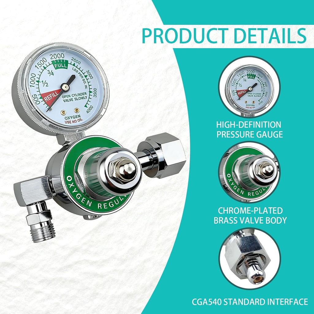 M1-540-P M1 Series Preset Pressure Oxygen Regulator for Oxygen Concentrator, Oxygen Tank Regulator Gauge with CGA540 Nut/Nipple Inlet, 3000 PSI, O2 Oxy Regulator Chrome Brass Body