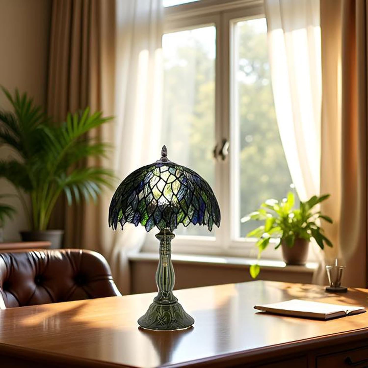Tiffany Lamp Stained Glass Table Lamps Multicolor Leafage Style Desk Lamp 12X12X18.5 Inch Bronze Ceramic Base Reading Light Suitable for Bedside Bedroom Living Room Dining Room Office