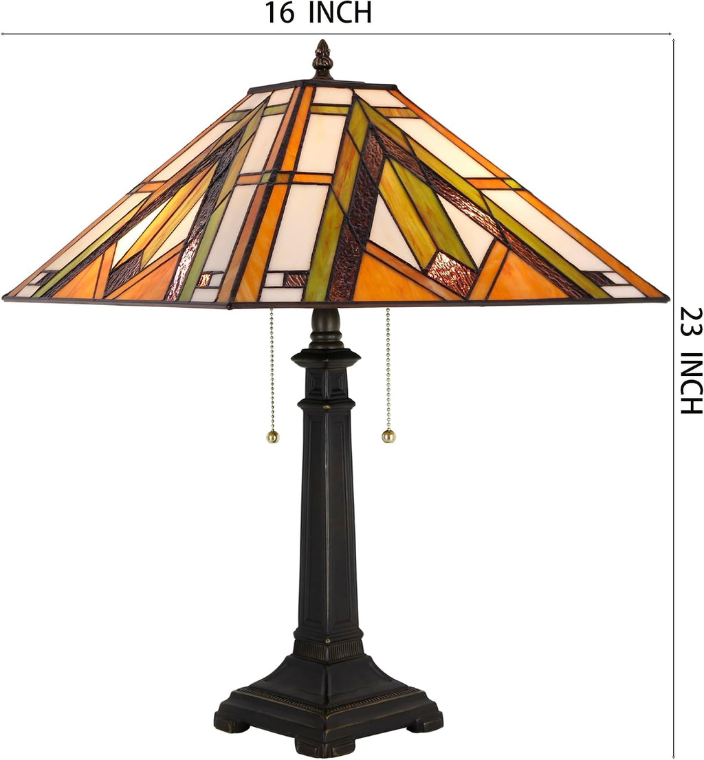 Tiffany Table Lamp Bronze Mission Style Stained Glass 16X16X23 Inches Desk Reading Light for Bedrooms Living Room Study Home Office