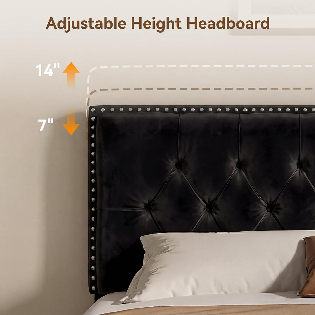 Queen Bed Frame with Headboard, Luxury Velvet Fabric Upholstered Bed frame with Button Tufted Design, Strong Wooden Slats Support - Low & Sturdy, Noise-Free, No Box Spring, Easy Assembly, Black | Plush velvet