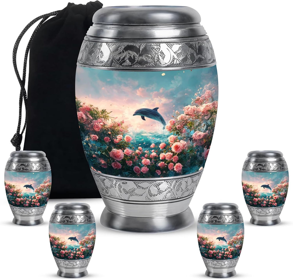 Dolphin Urns for Human Ashes Adult Male - Funeral Urns for Ashes Adult - Sunset Keepsake Memorial Urn - Blue Decorative Burial Ash Holder for Male & Female, Set of 5-10 Inch, 3 Inch