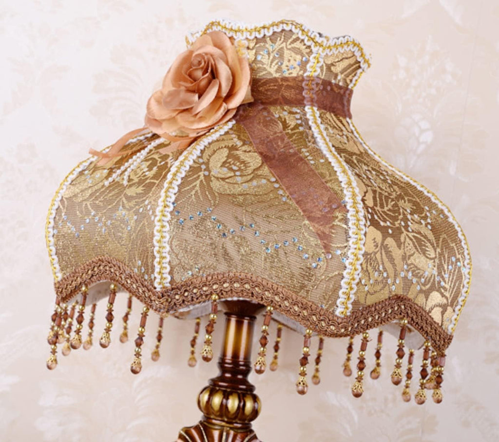 Victorian Style Table Lamp Handmade Traditional Brown Gold Lace Fabric Bedside Lamp Antique Painted Resin Base Desk Lamp for Bedroom Living Room Office, 13' W, 21.6' H. (B1)