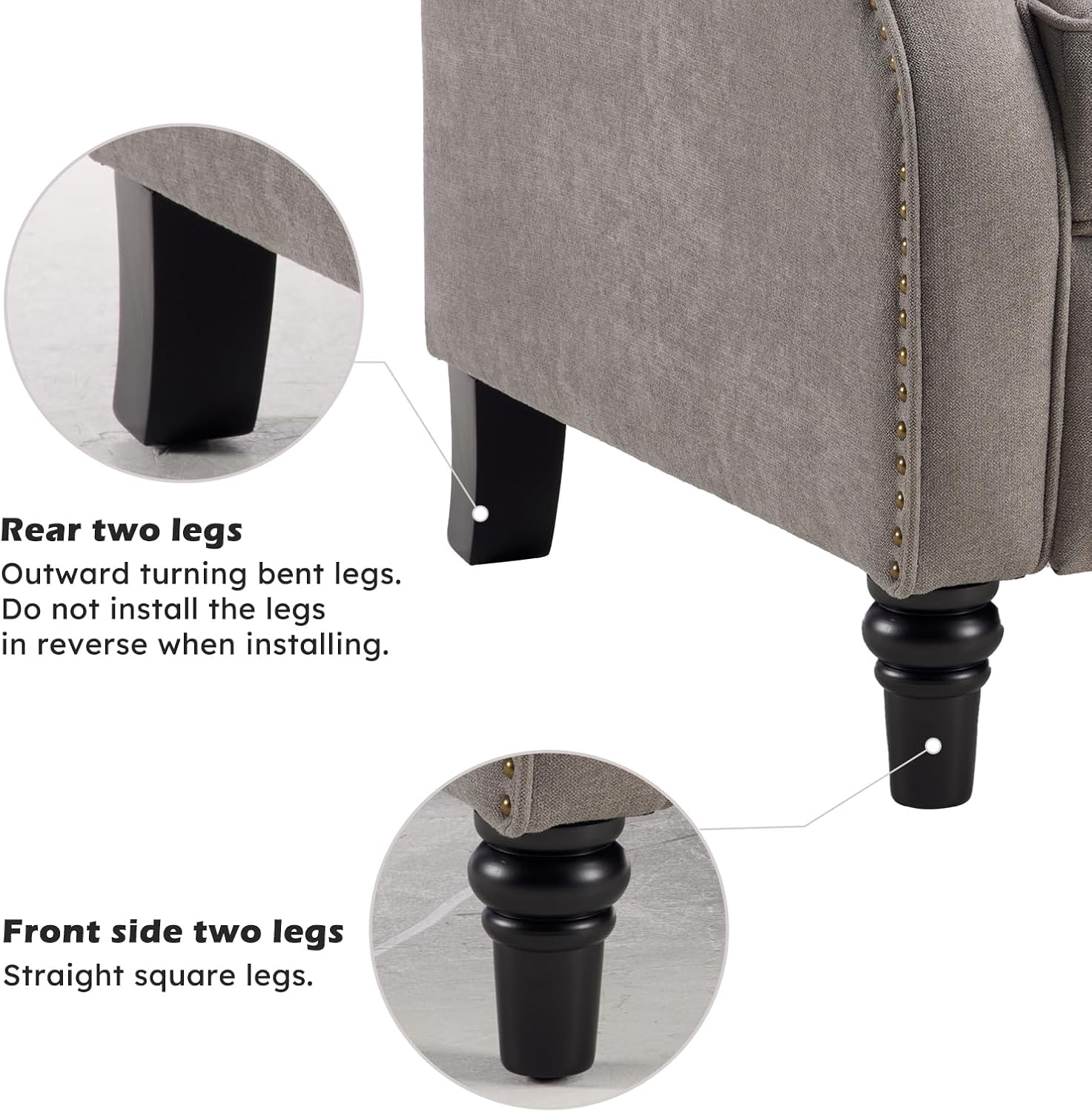 IOMOR Push Back Recliner Chair Fabric Lounge Armchair Pushback Recliner with Rivet Decoration Wingback Single Sofa Chair with Padded Seat for Living Room, Bedroom (1, Grey)